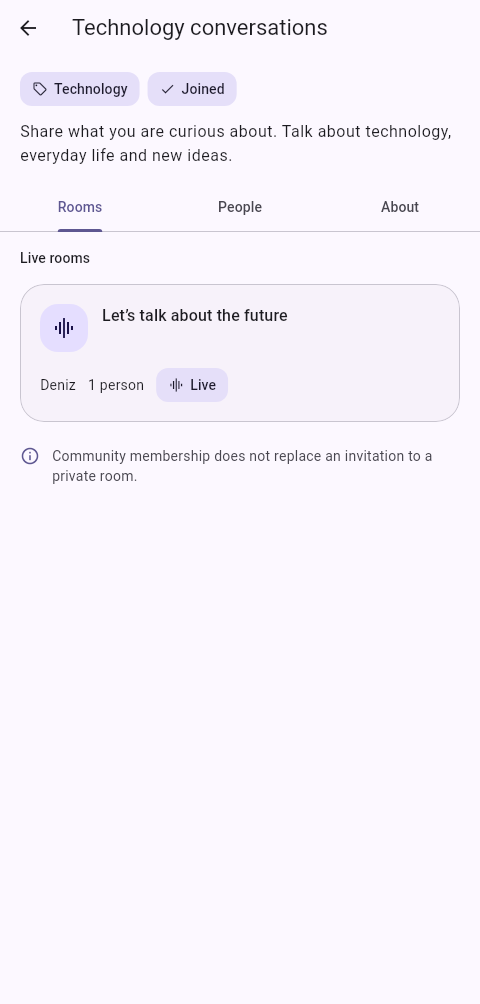 Community detail with Rooms, People and About tabs and a live room list.