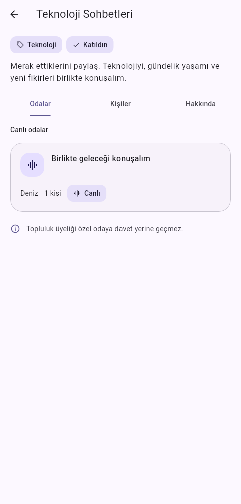 Topluluk detayında Odalar, Kişiler ve Hakkında sekmeleri; canlı oda listesi.