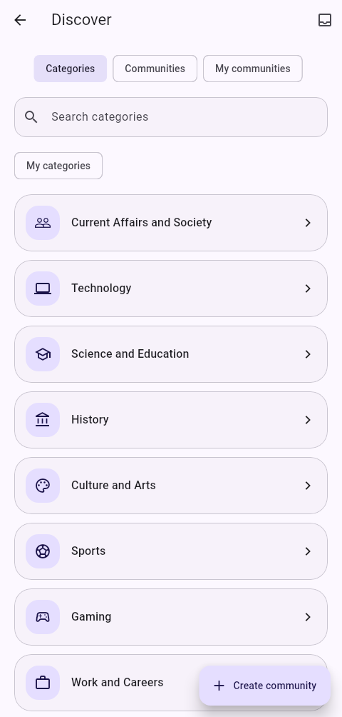 Discover with Categories, Communities, My communities and topic search.