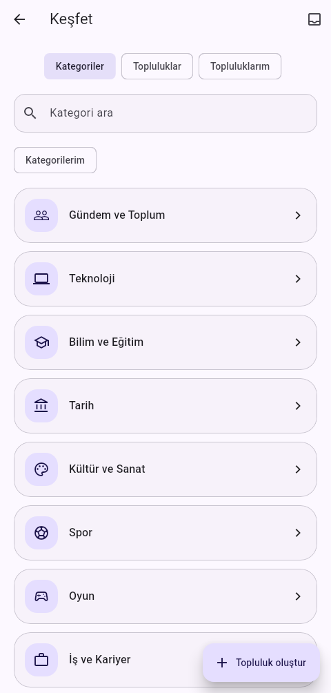 Keşfet'te Kategoriler, Topluluklar ve Topluluklarım bölümleri; konu araması.