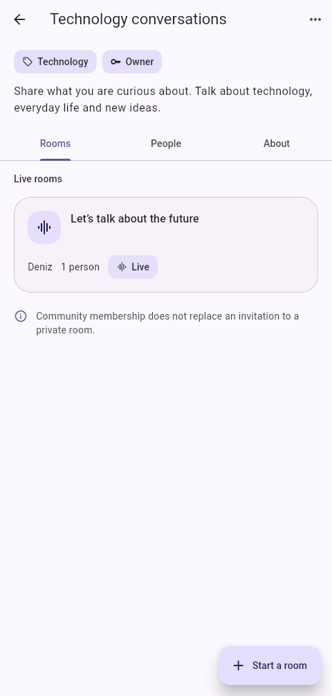 Owner view of a community: ownership badge, live rooms and the open-room button.