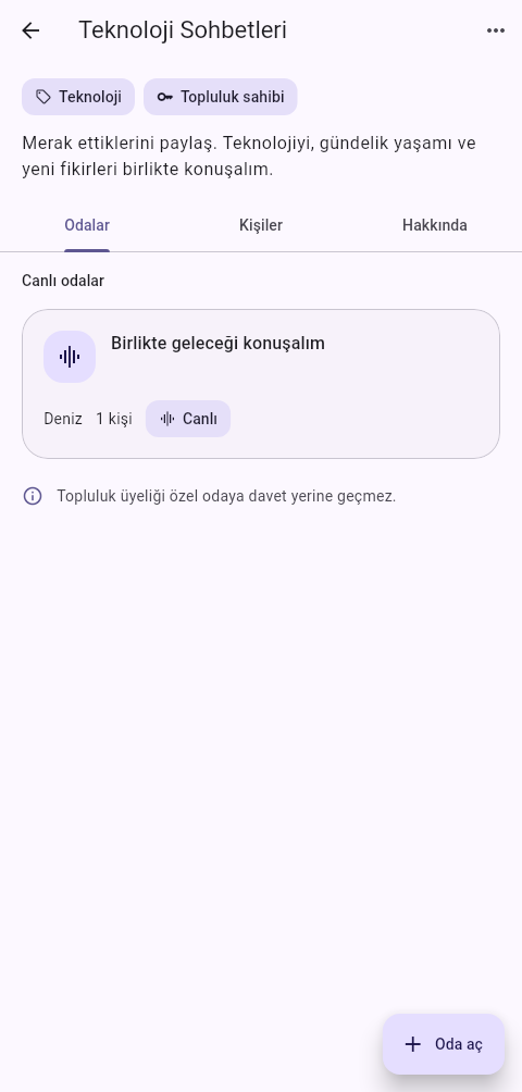 Topluluk sahibi görünümü: sahiplik rozeti, canlı odalar ve oda açma düğmesi.